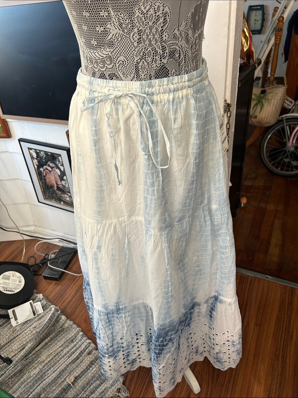 Style & Co. Light Blue Tie-Dye Eyelet Tiered Maxi Skirt